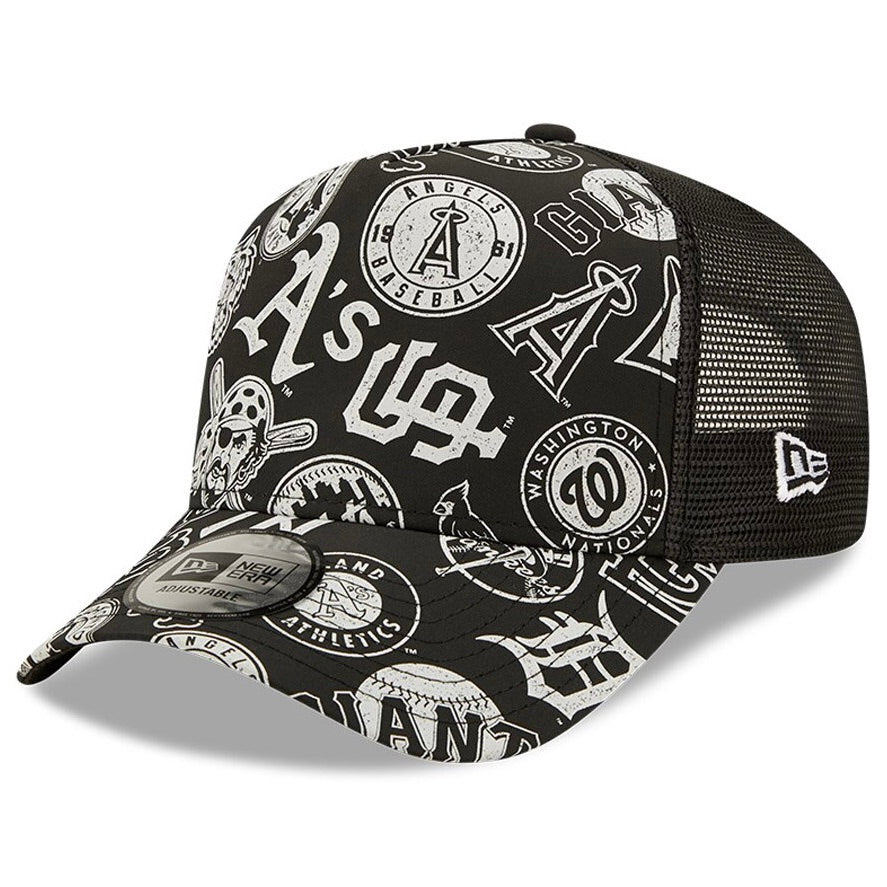 MLB All Over Print Black A-Frame Trucker Cap