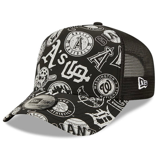 MLB All Over Print Black A-Frame Trucker Cap