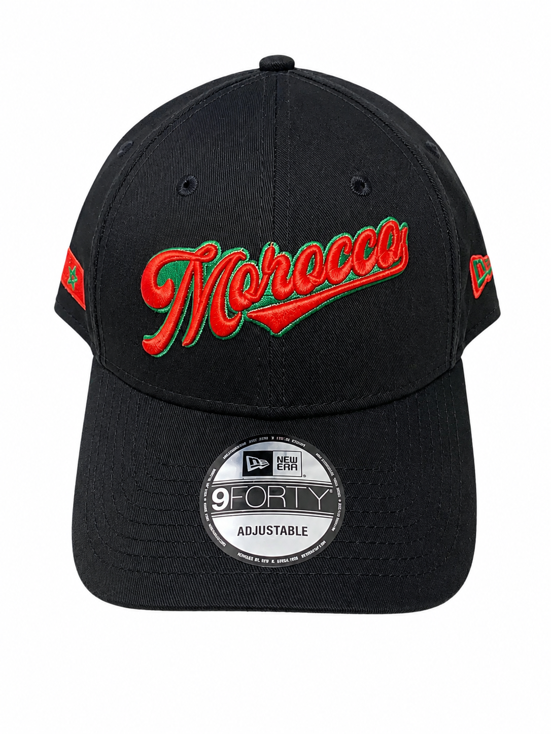 New Era 9FORTY Morocco Script Black Adjustable Cap – Red & Green Embroidery N: 00373